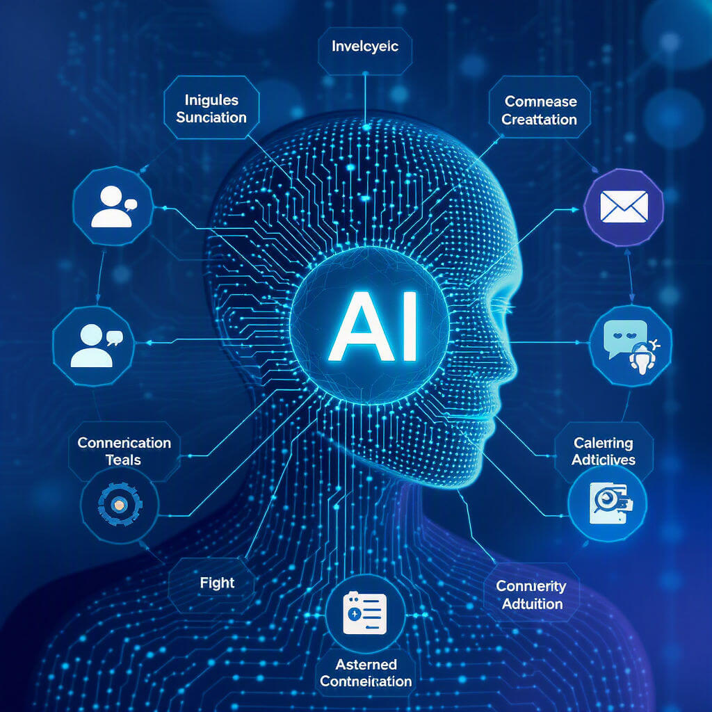 Digital illustration of a human head with “AI” at the centre, surrounded by icons and various phrases linked by lines, representing artificial intelligence concepts.