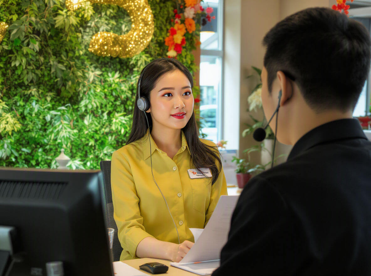 A woman in a yellow shirt with a headset talks to a man at a reception desk, holding papers. There is greenery and floral decor in the background.