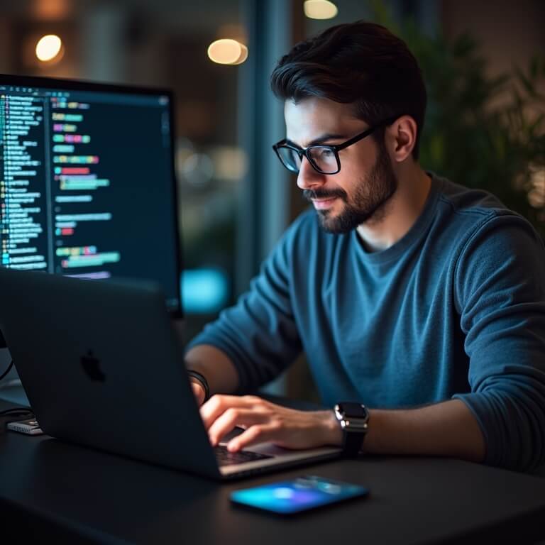 A man wearing glasses works on a laptop at a desk, with lines of code displayed on a large monitor beside him.