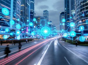 City street with blurred traffic and people, overlaid with blue digital network icons representing smart technology and connectivity among modern buildings.