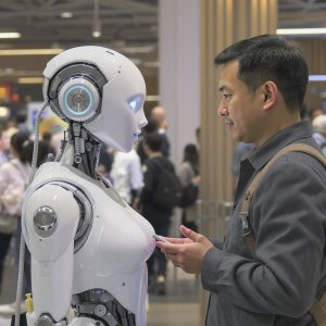 A man stands facing a humanoid robot, holding a mobile phone. The scene takes place indoors with blurred people in the background.