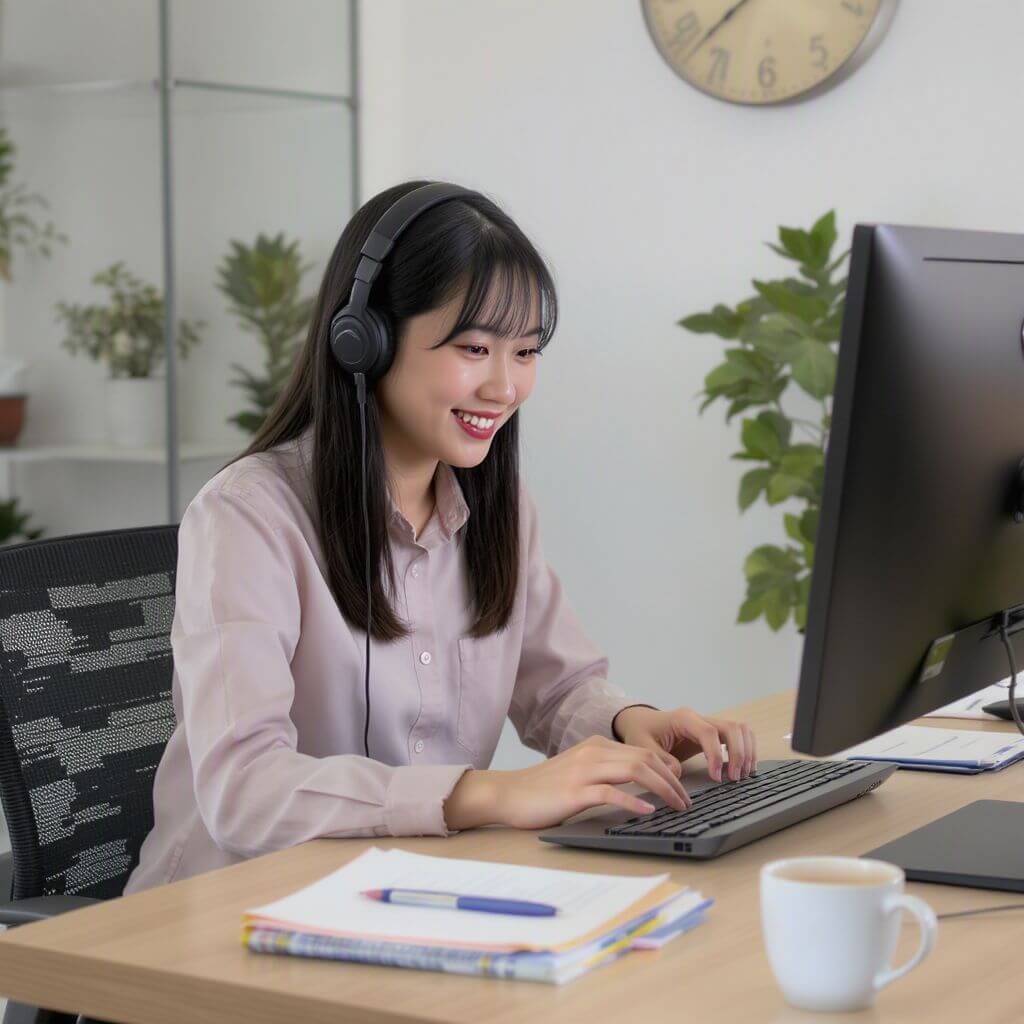 Woman wearing headphones sits at a desk typing on a keyboard, with a computer monitor, papers, and a cup of coffee in front of her.