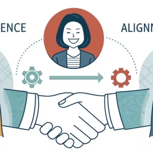 The Influence Architecture Workshop 128 Illustration of two people shaking hands, with a third person between them, representing influence and alignment through collaborative cogs.