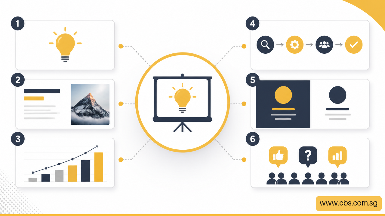 Infographic showing clear message hierarchy, charts, visuals, and interaction elements for engaging presentations.