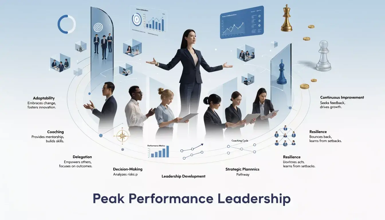 Businesswoman stands with arms open, surrounded by diverse colleagues, graphs, and icons representing leadership skills such as coaching, decision-making, strategy, adaptability, resilience, and improvement.