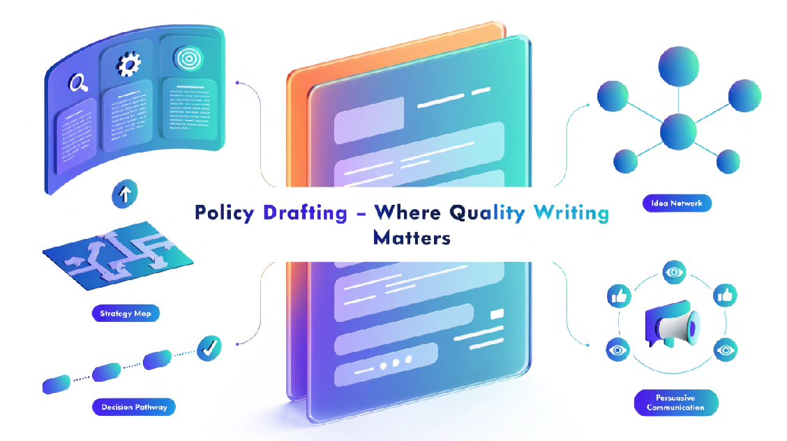 Colourful infographic showing policy drafting at the centre, linked to icons for strategy map, decision pathway, idea network, and persuasive communication. Text reads: Policy Drafting – Where Quality Writing Matters.