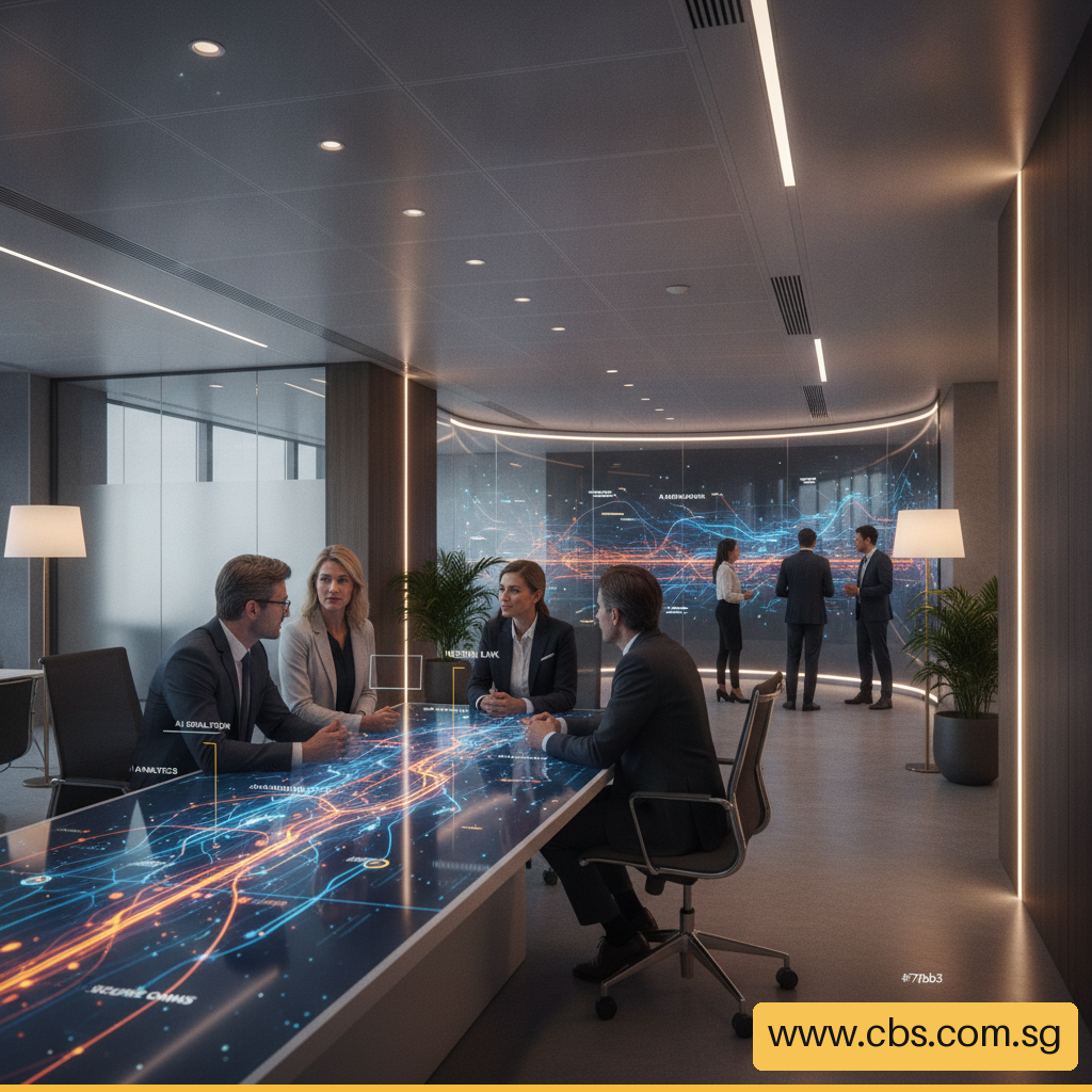 Professional business environment illustrating AI technology in communication with clean digital visual overlays.