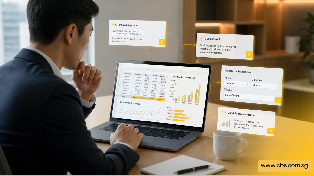 Professional using AI assisted Excel tools to review formulas, charts, and spreadsheet data.