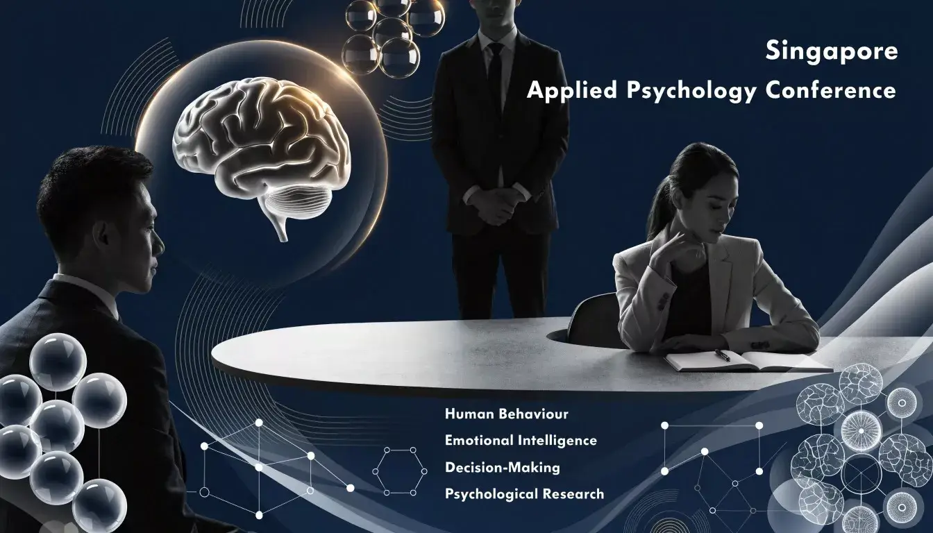 Poster for the Singapore Applied Psychology Conference, featuring three professionals and a graphic of a brain, with conference themes listed below.