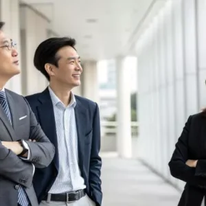 Social Smarts for the Modern Professional: Presence, Poise & Confidence 127 Three people in business attire stand in a modern corridor, facing each other and smiling, with arms folded and hands in pockets.