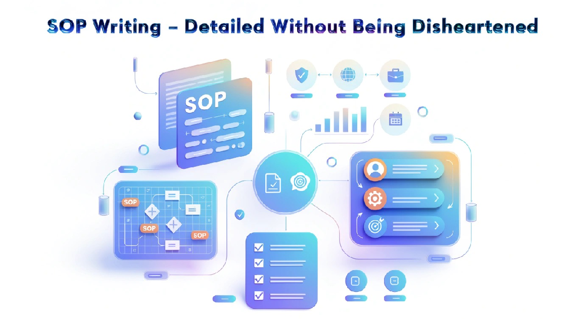A digital graphic with the title "SOP Writing – Detailed Without Being Disheartened" and icons representing documents, charts, checklists, and workflow processes.
