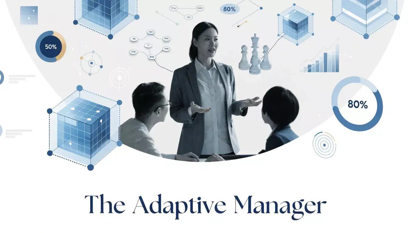 A woman stands and gestures while speaking to two seated colleagues, with graphs, charts, and chess pieces in the background. Text reads: "The Adaptive Manager.