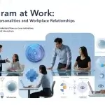 People in business attire interact and work at desks, overlaid with Enneagram personality icons, charts, and text about understanding personalities and workplace relationships.