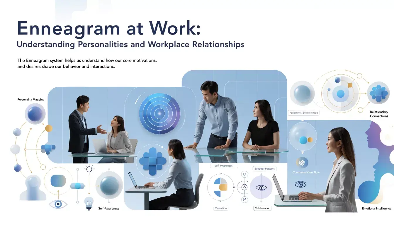 People in business attire interact and work at desks, overlaid with Enneagram personality icons, charts, and text about understanding personalities and workplace relationships.