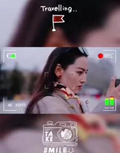 A person with sunglasses on their head takes a photo with a smartphone. The image includes graphics of a camera viewfinder and travel-themed text and icons.