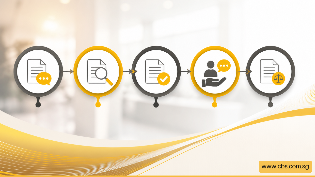 Visual workflow showing complaint review, findings, remedy, and escalation options